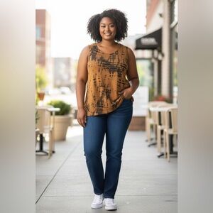 Bryn Walker Graphic Orange and Black Sleeveless Tank Top